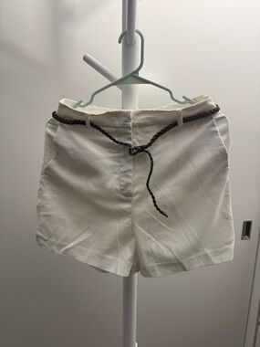 Zara White Shorts with Braided Brown Belt